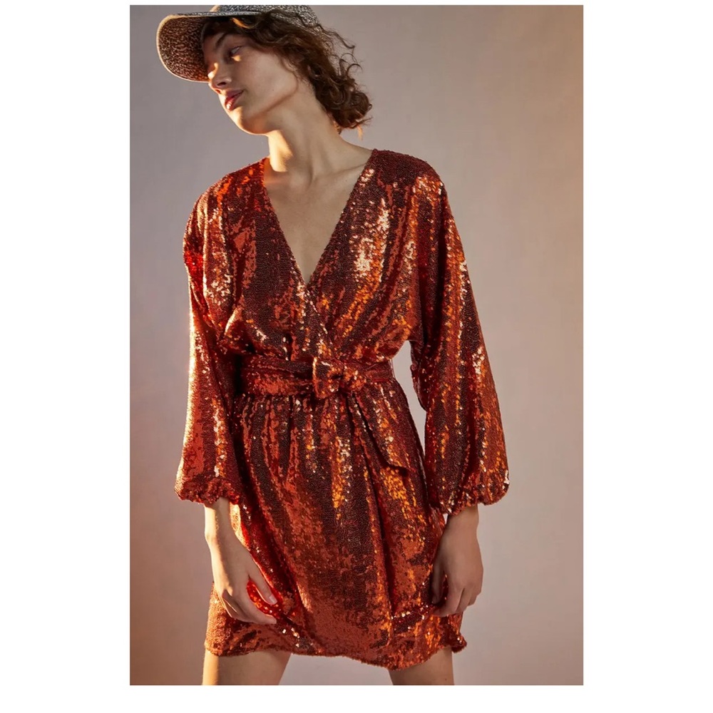Anthropologie - Lizabette Wrap Dress -Orange Sequins